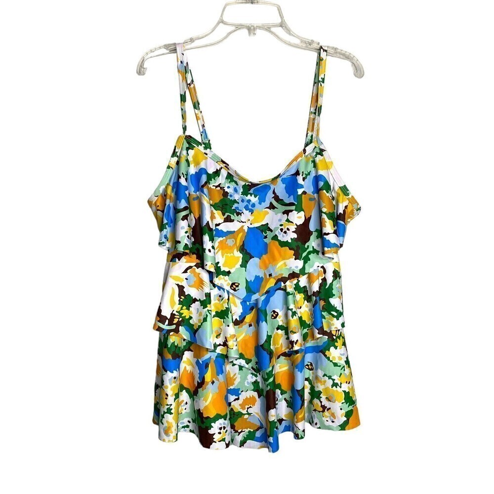 Summer Mae Women's Blue Pink Halter Tankini Swim Top Padded Bra‎ Size Large New